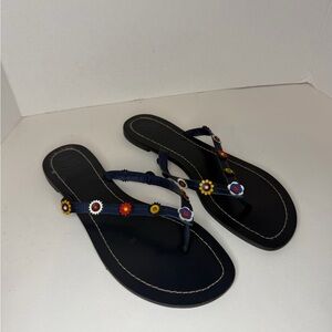 Tory Burch Navy Floral Accent Thong Sandals